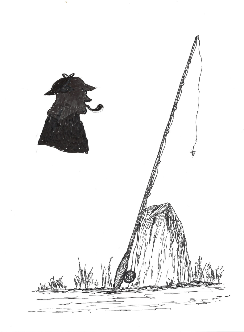 An illustration of a fishing rod and Sherlock Holmes